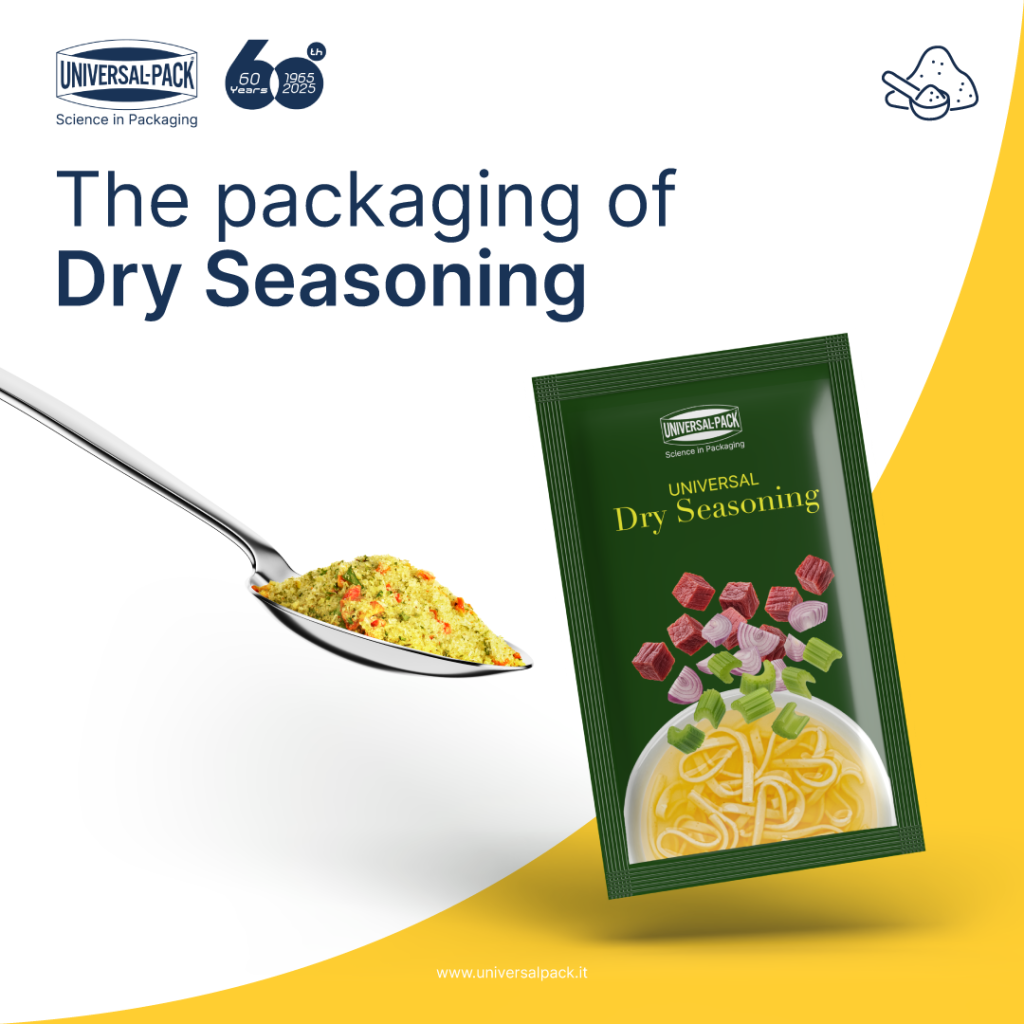 Dry seasoning sachet packaging by Universal Pack with spoonful of powder — ideal for single-dose flavor applications.